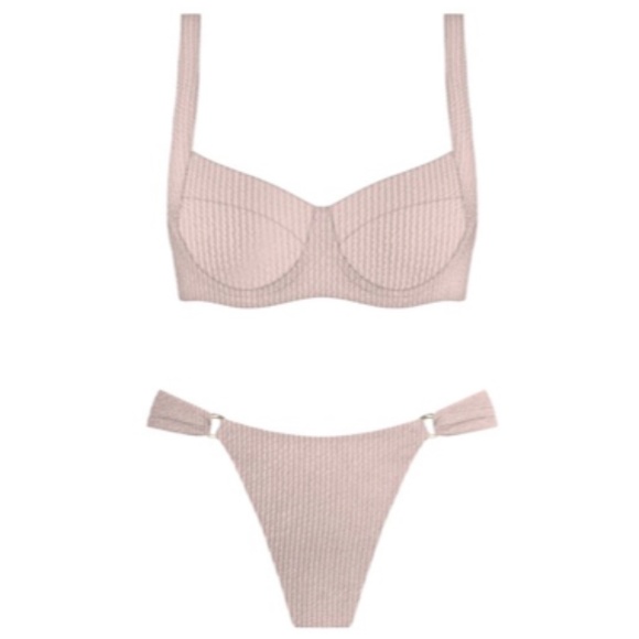 Sun Kissed Sand Seersucker Gold Ring Underwire 2 Piece PC Bikini Swimsuit Set - Picture 2 of 2